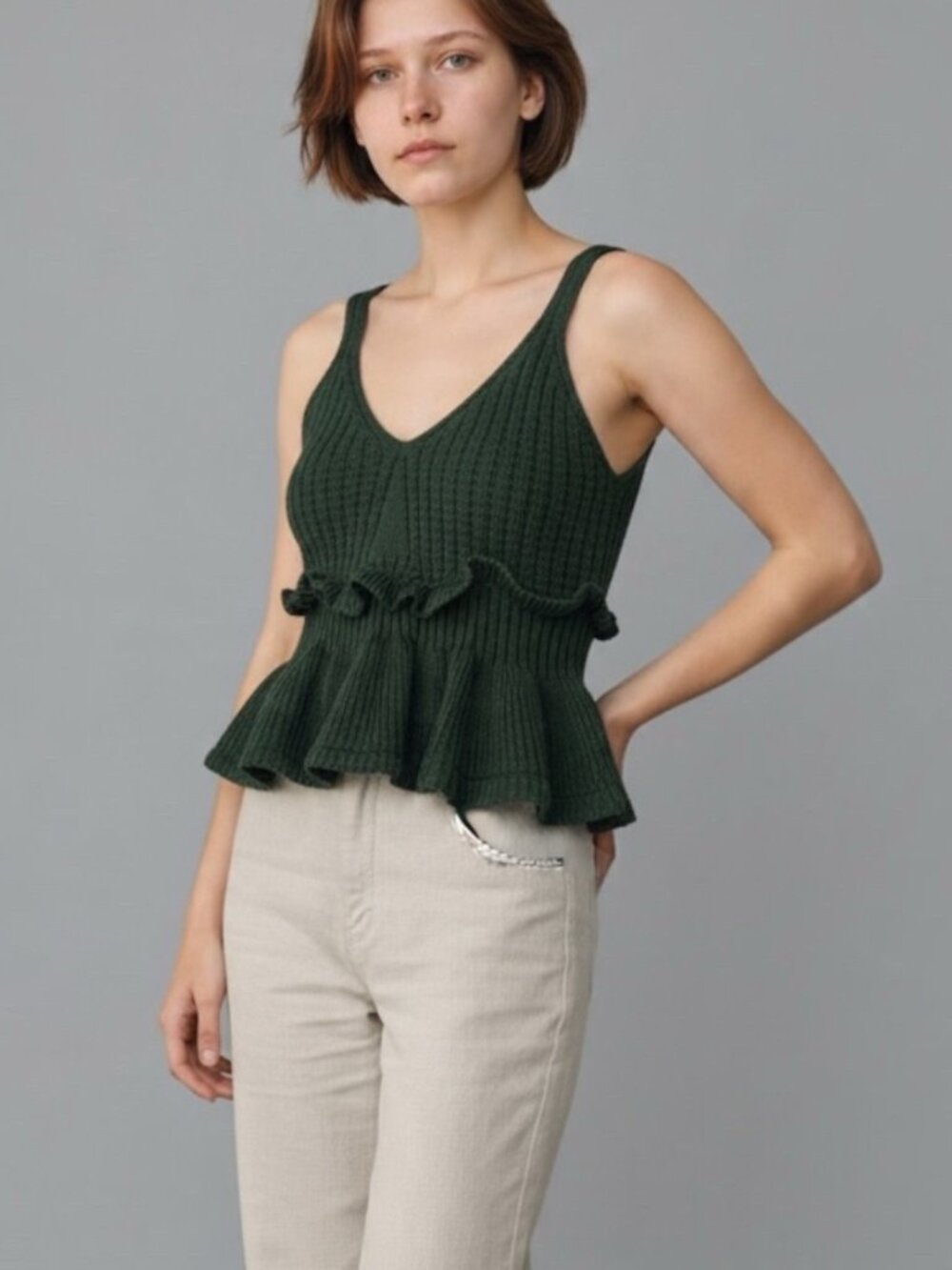 Women Dark Green V-Neck Peplum Knit Top Ruffles Sleeveless Size M Stretch